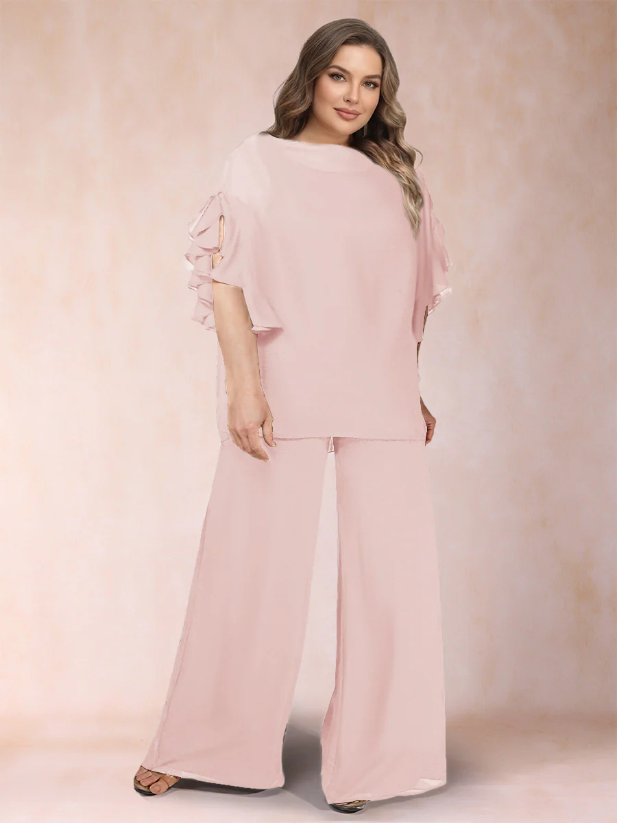 Black Chiffon Scoop Half Sleeves 2 Pieces Plus Size Pantsuits with Ruches - Image 50