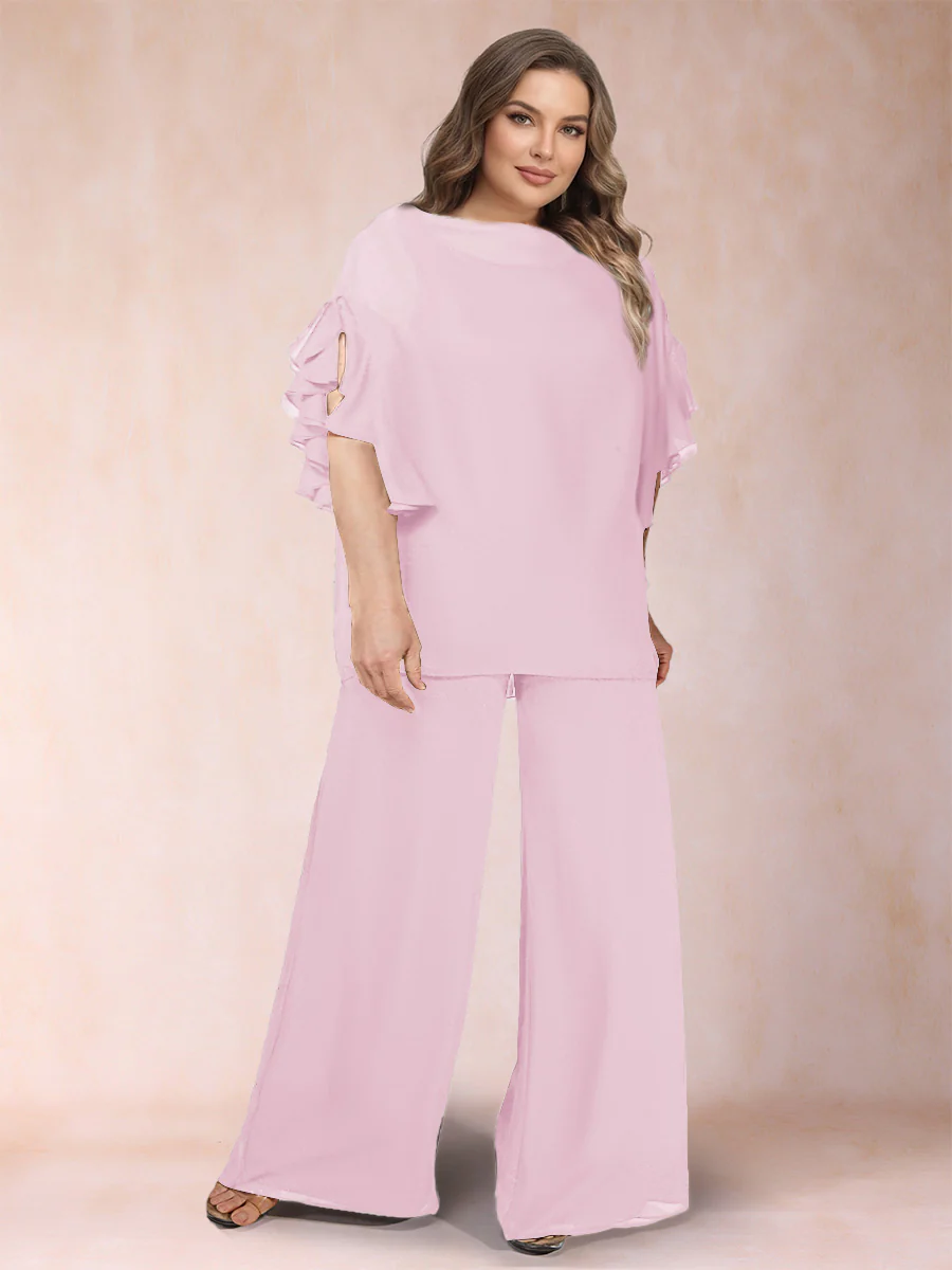 Black Chiffon Scoop Half Sleeves 2 Pieces Plus Size Pantsuits with Ruches - Image 51
