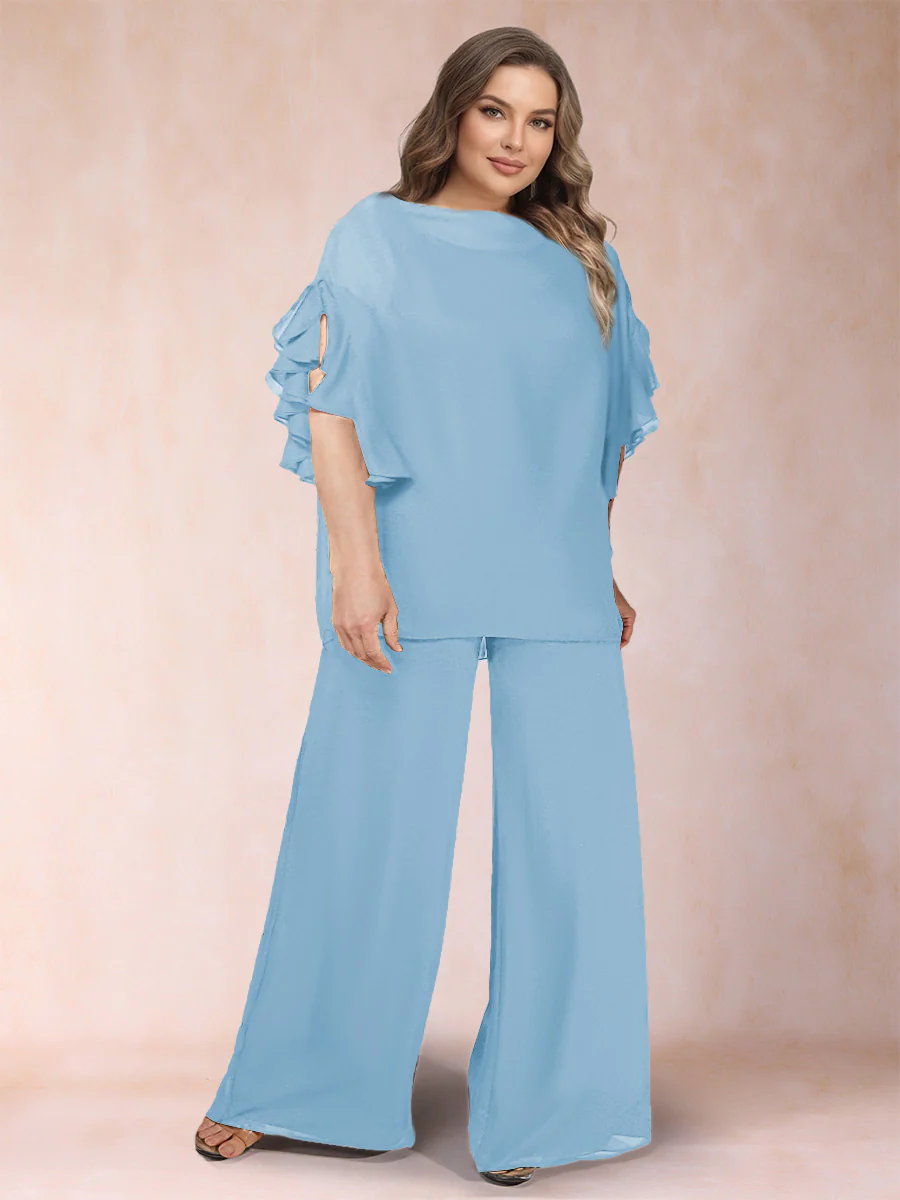 Black Chiffon Scoop Half Sleeves 2 Pieces Plus Size Pantsuits with Ruches - Image 61