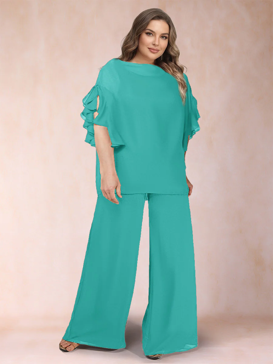 Black Chiffon Scoop Half Sleeves 2 Pieces Plus Size Pantsuits with Ruches - Image 67