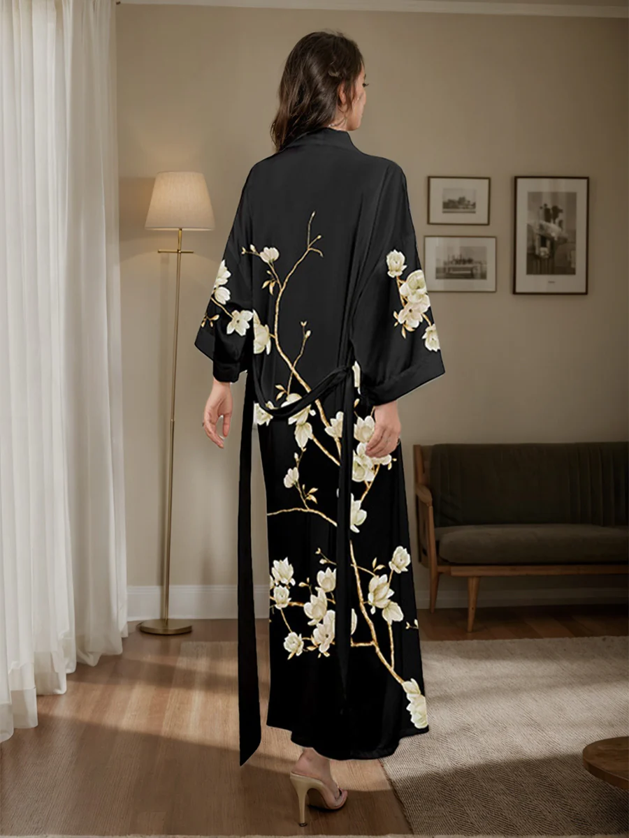 Black Printed Magnolia 3/4 Sleeves Long Women's Robe - Image 2