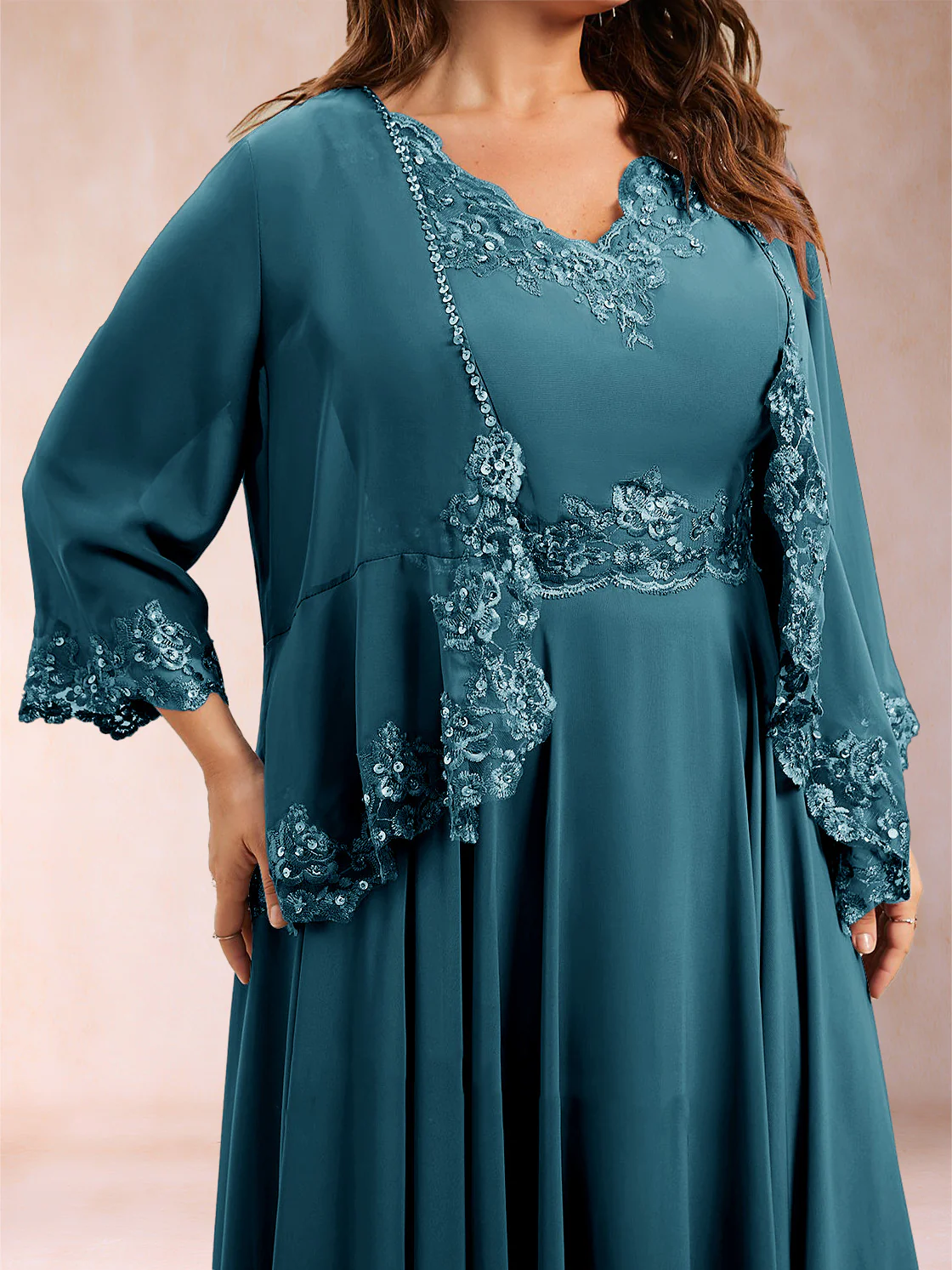 Chiffon 3/4 Sleeves Mother's Cardigan With Beading Appliques Lace - Image 69