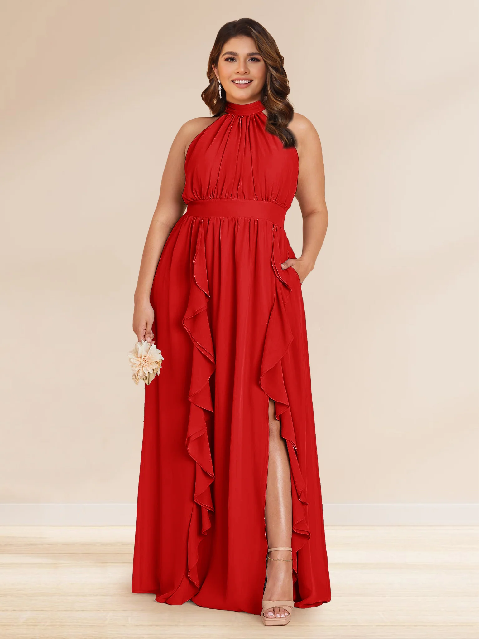 Chiffon A-Line/Princess Halter Plus Size Bridesmaid Dresses with Split Side & Ruffles - Image 36