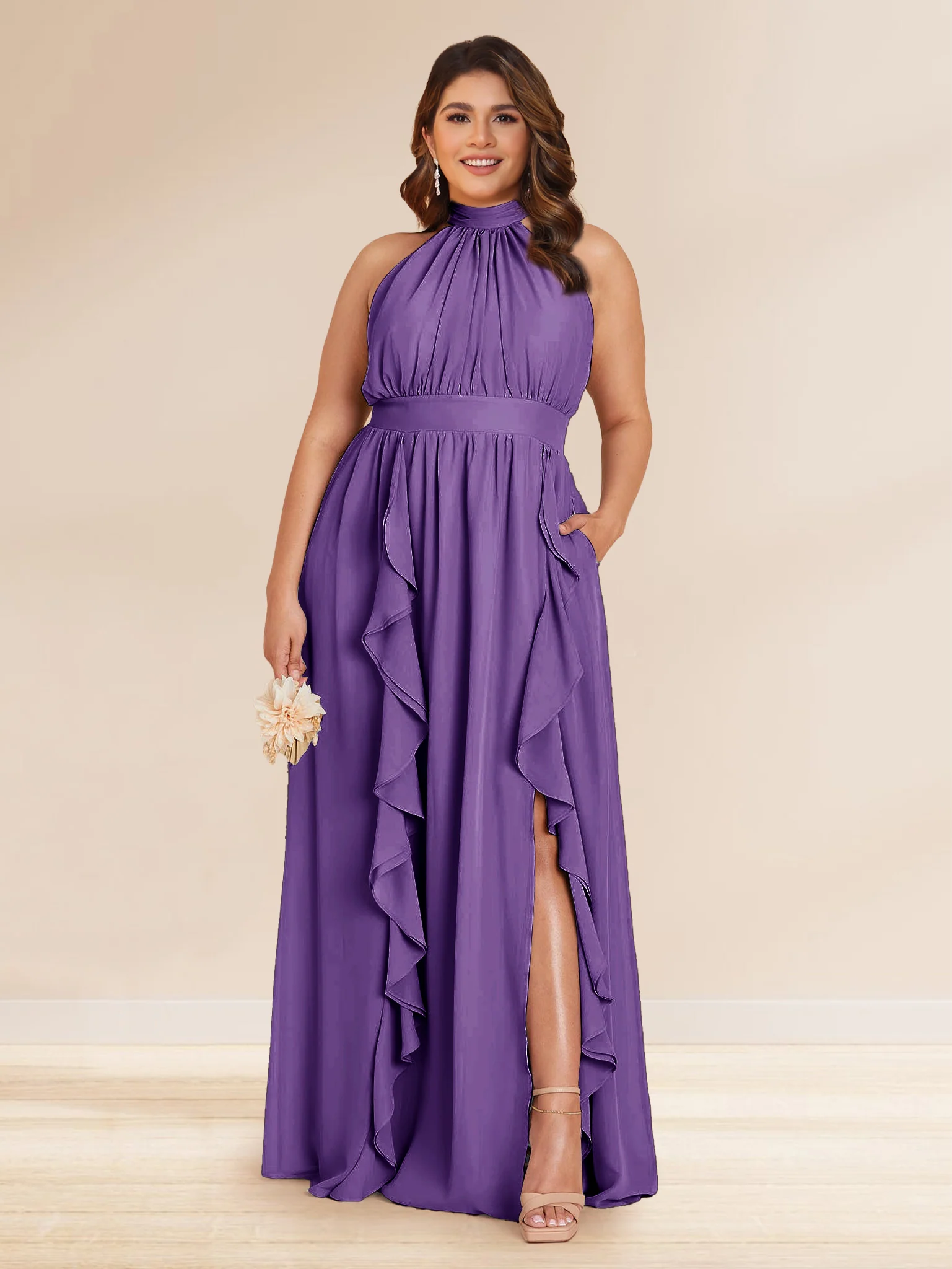 Chiffon A-Line/Princess Halter Plus Size Bridesmaid Dresses with Split Side & Ruffles - Image 64