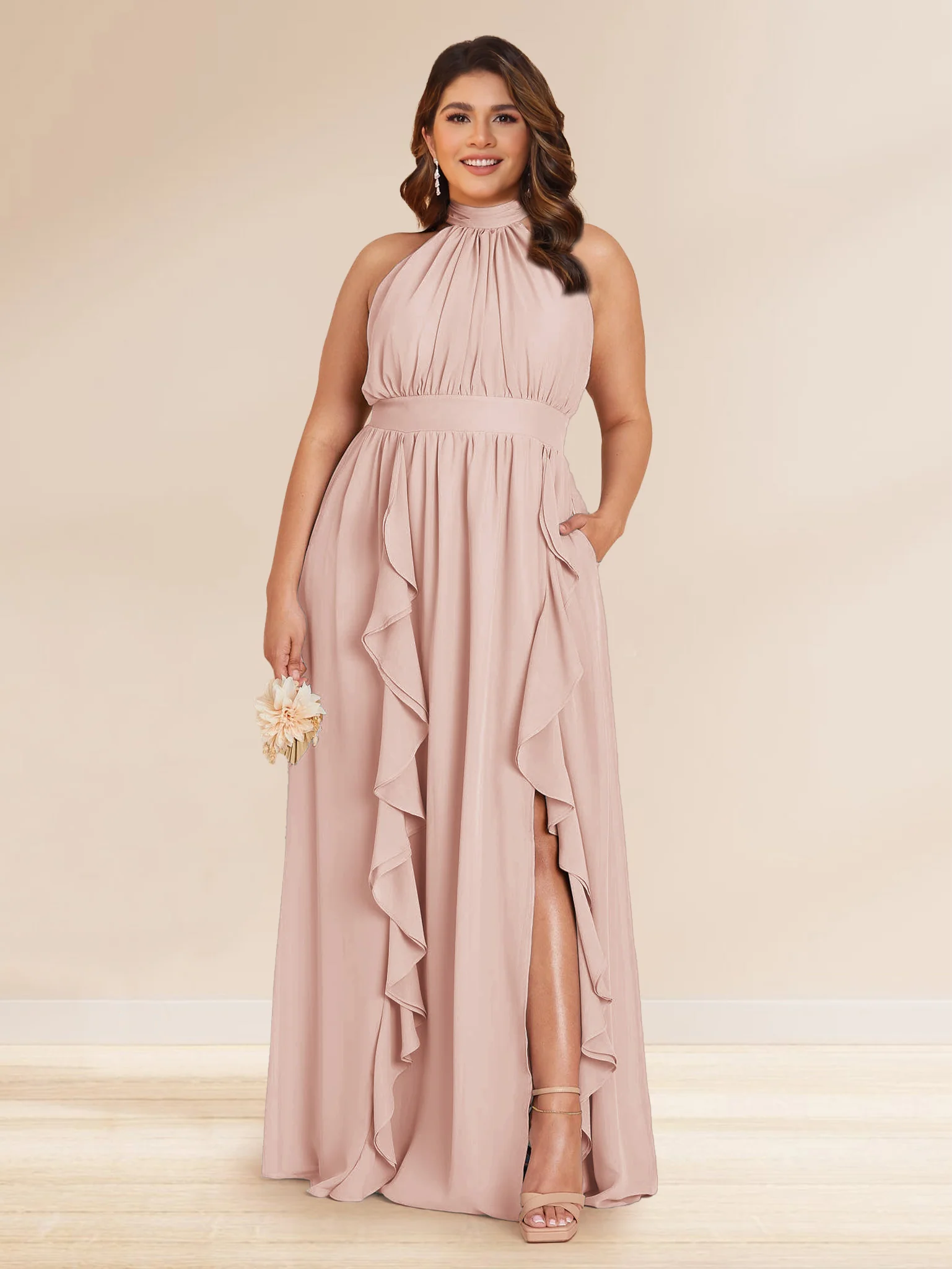 Chiffon A-Line/Princess Halter Plus Size Bridesmaid Dresses with Split Side & Ruffles - Image 8