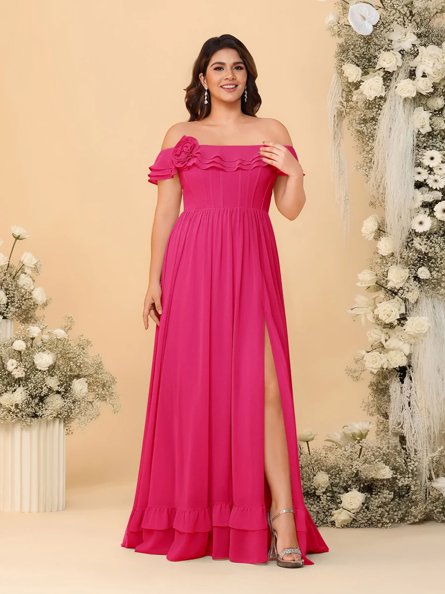 Chiffon A-Line/Princess Off-the-Shoulder Short Sleeves Plus Size Bridesmaid Dresses with Side Slit - Image 23