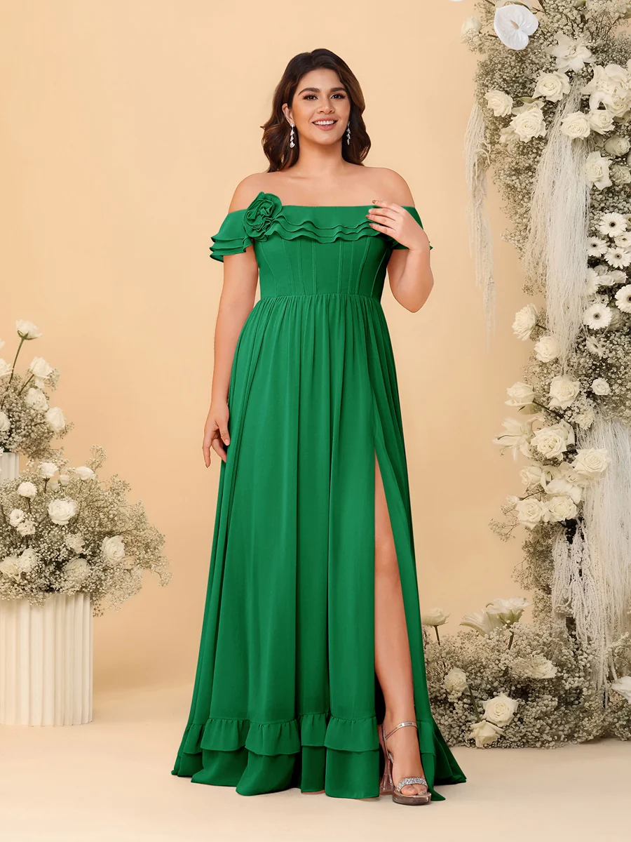 Chiffon A-Line/Princess Off-the-Shoulder Short Sleeves Plus Size Bridesmaid Dresses with Side Slit - Image 27