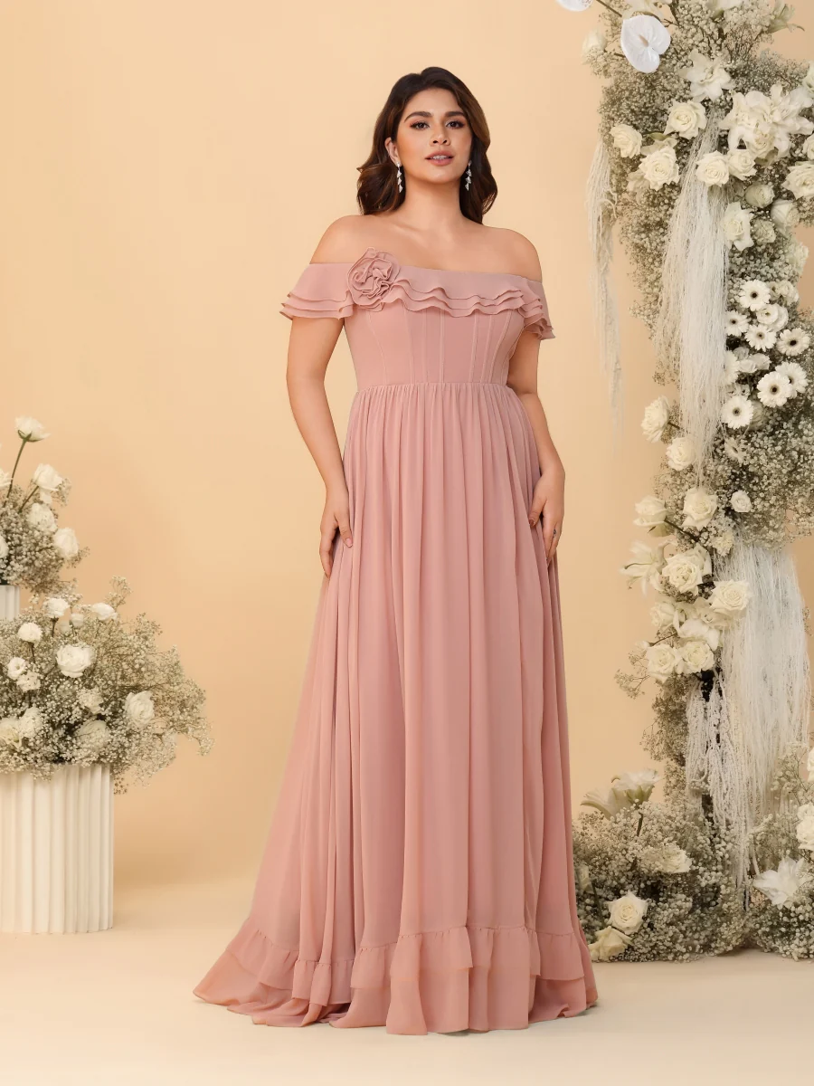 Chiffon A-Line/Princess Off-the-Shoulder Short Sleeves Plus Size Bridesmaid Dresses with Side Slit - Image 3