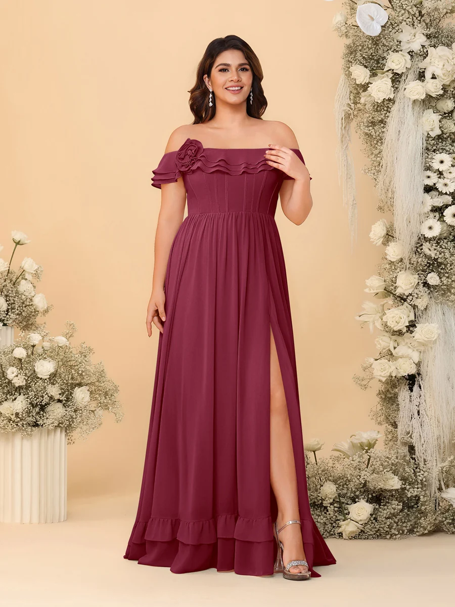 Chiffon A-Line/Princess Off-the-Shoulder Short Sleeves Plus Size Bridesmaid Dresses with Side Slit - Image 32