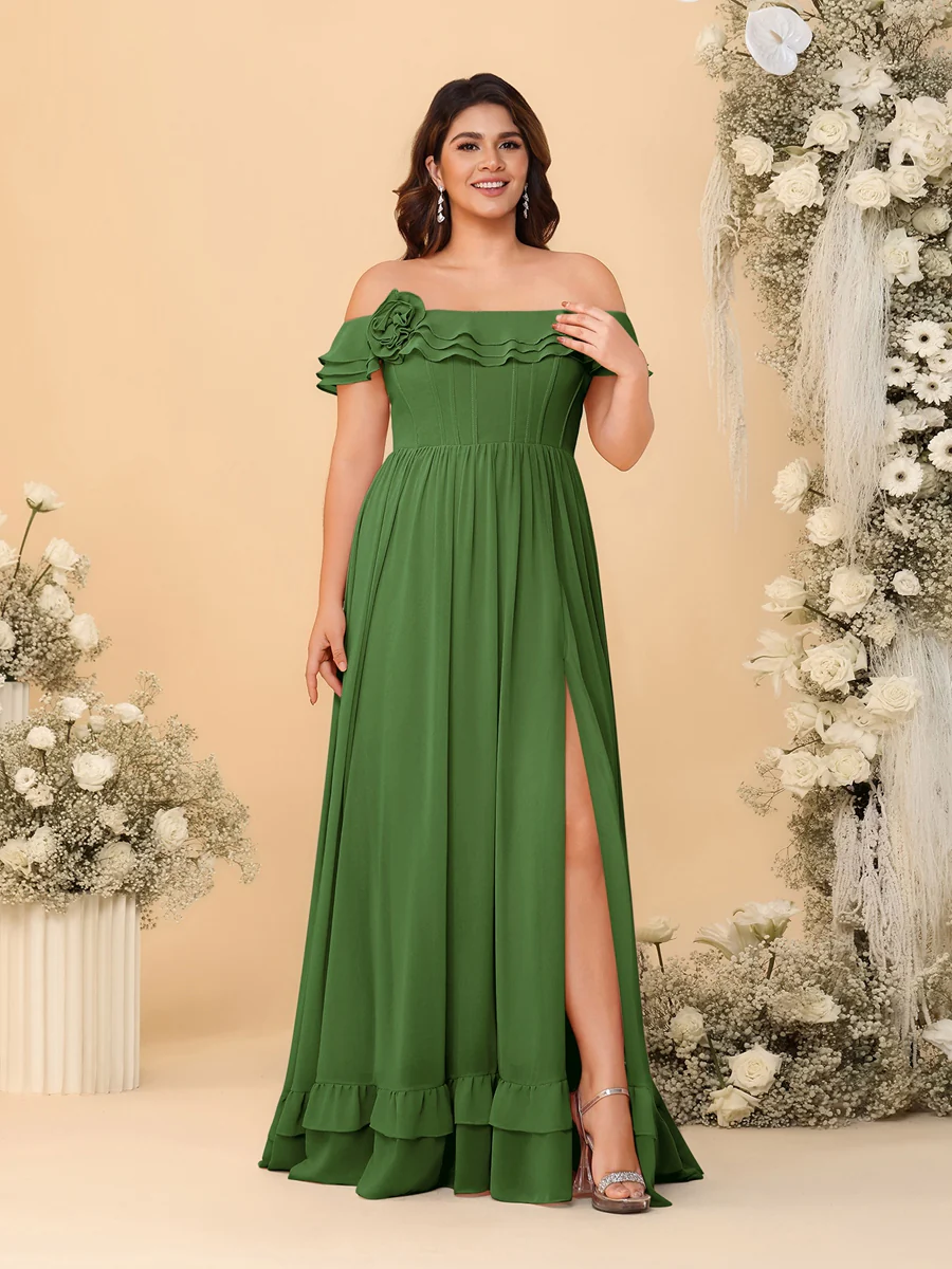 Chiffon A-Line/Princess Off-the-Shoulder Short Sleeves Plus Size Bridesmaid Dresses with Side Slit - Image 47