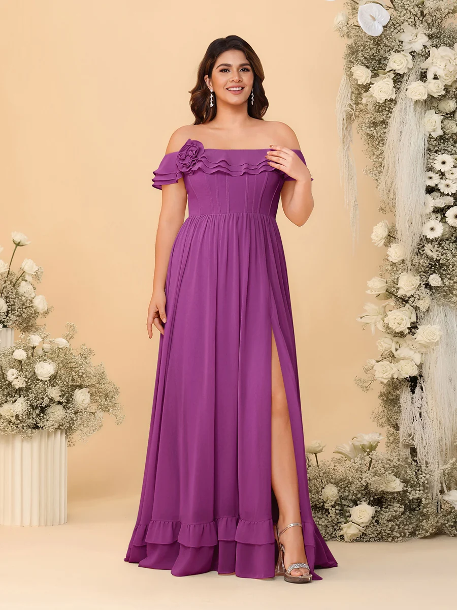Chiffon A-Line/Princess Off-the-Shoulder Short Sleeves Plus Size Bridesmaid Dresses with Side Slit - Image 49