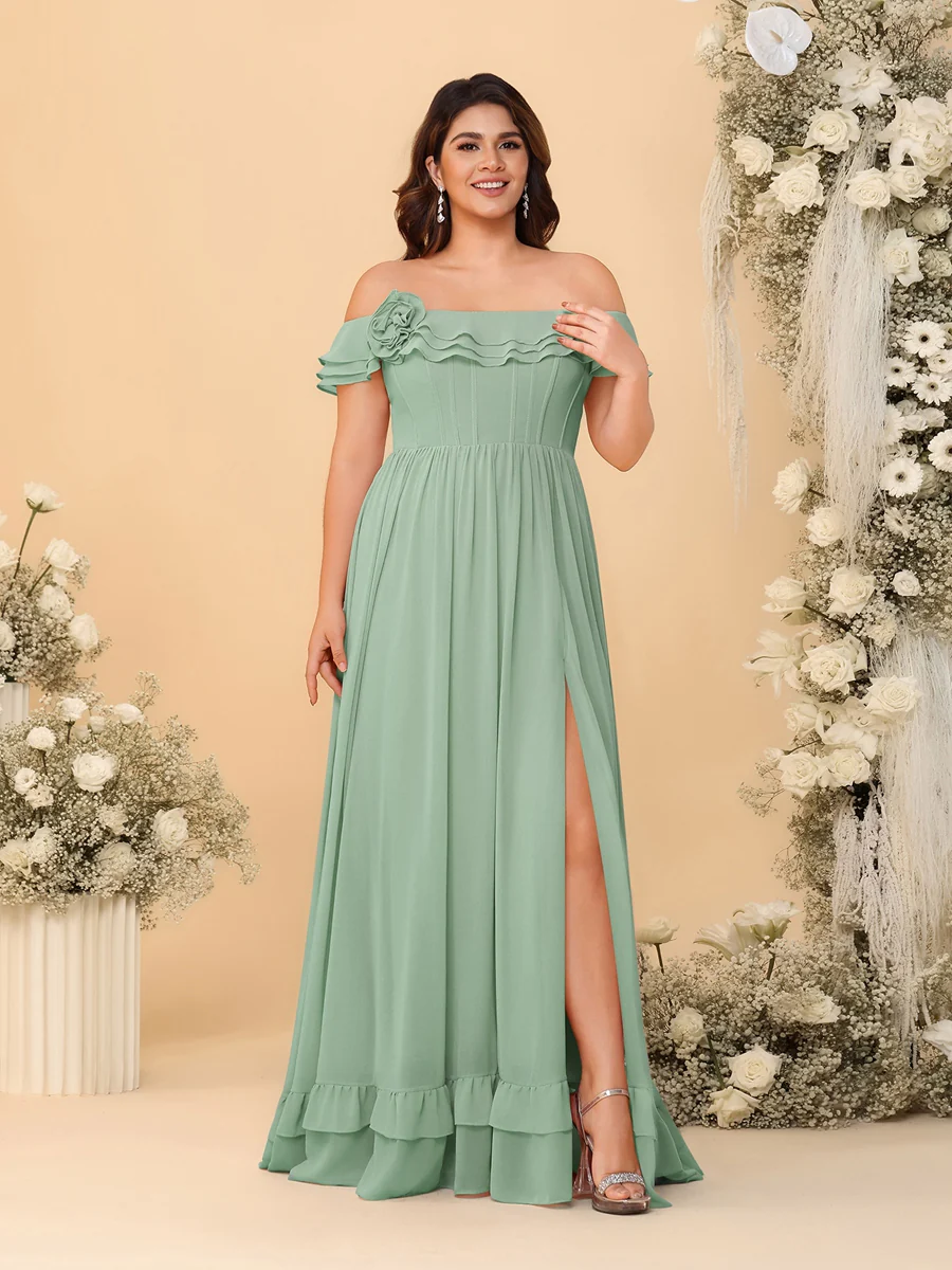 Chiffon A-Line/Princess Off-the-Shoulder Short Sleeves Plus Size Bridesmaid Dresses with Side Slit - Image 59