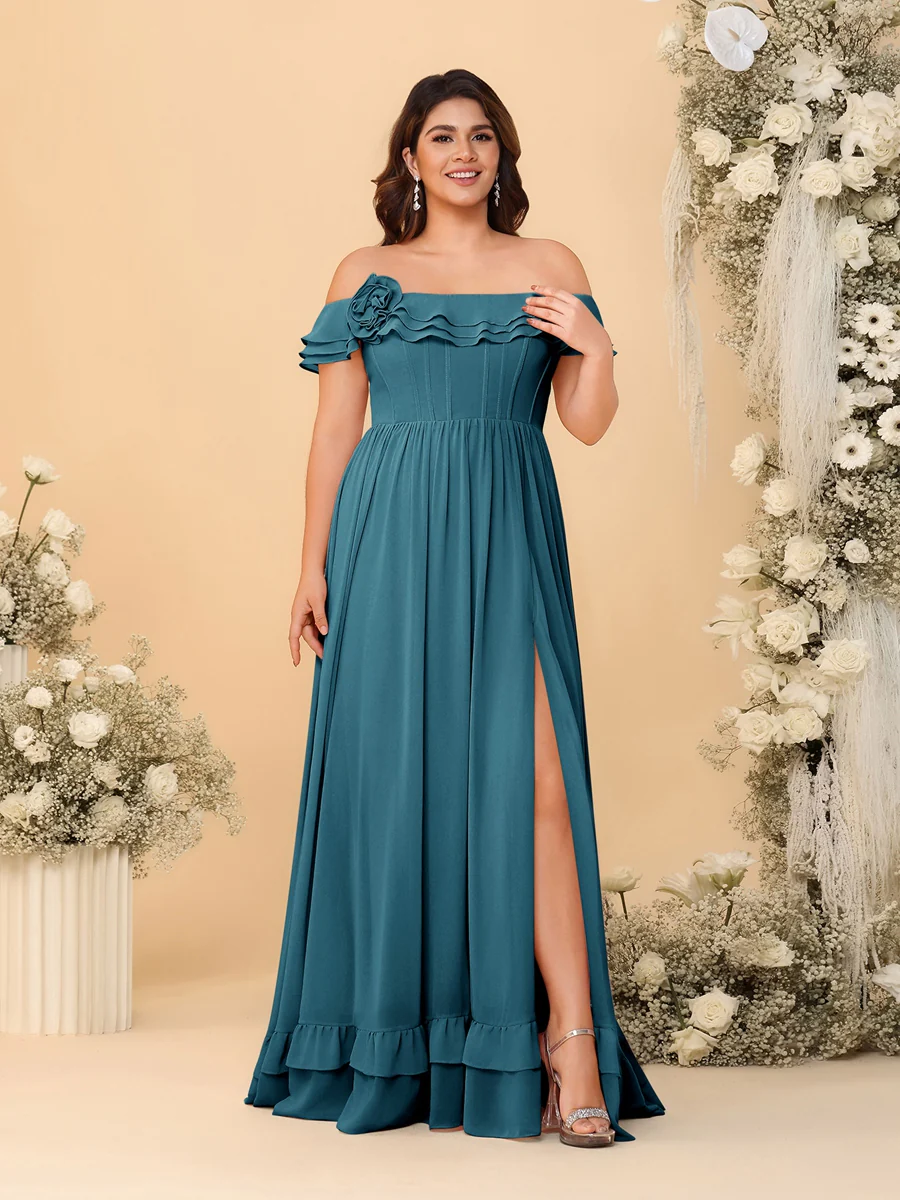 Chiffon A-Line/Princess Off-the-Shoulder Short Sleeves Plus Size Bridesmaid Dresses with Side Slit - Image 68