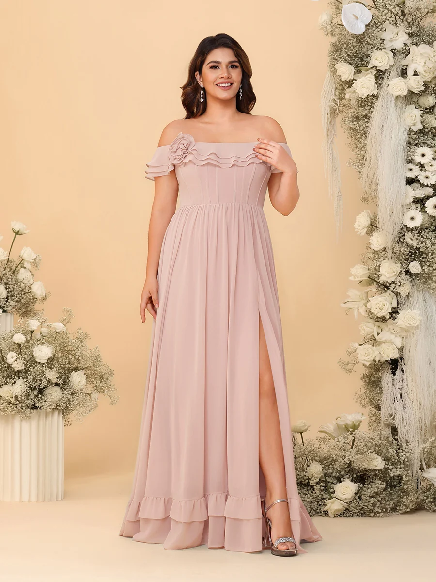 Chiffon A-Line/Princess Off-the-Shoulder Short Sleeves Plus Size Bridesmaid Dresses with Side Slit - Image 7
