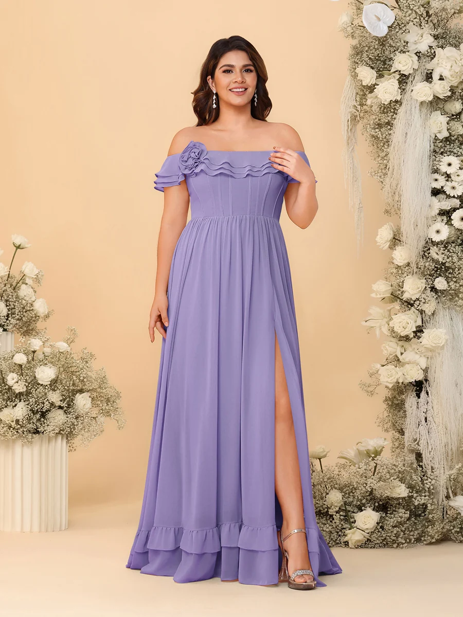 Chiffon A-Line/Princess Off-the-Shoulder Short Sleeves Plus Size Bridesmaid Dresses with Side Slit - Image 72