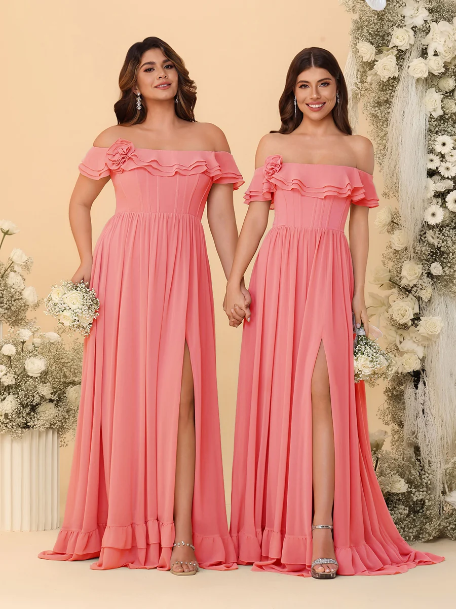 Chiffon A-Line/Princess Off-the-Shoulder Short Sleeves Ruched Bridesmaid Dresses - Image 14