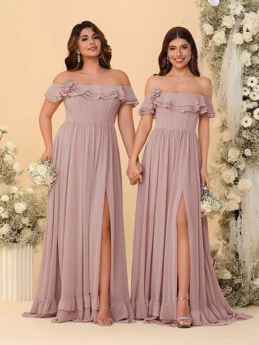 Chiffon A-Line/Princess Off-the-Shoulder Short Sleeves Ruched Bridesmaid Dresses - Image 18