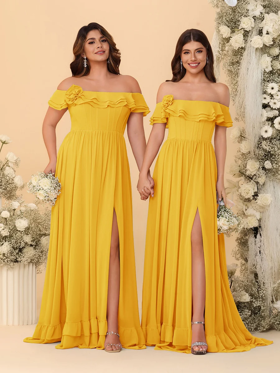 Chiffon A-Line/Princess Off-the-Shoulder Short Sleeves Ruched Bridesmaid Dresses - Image 25