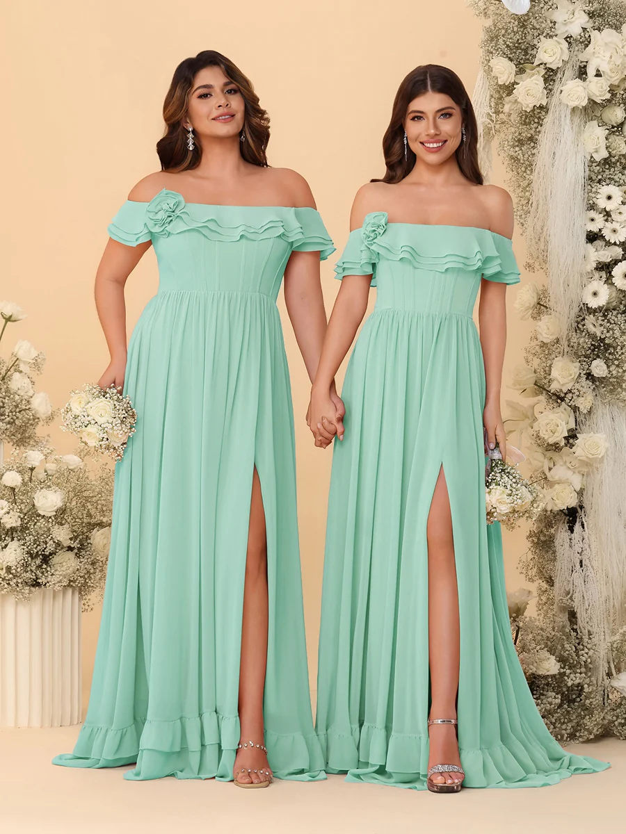 Chiffon A-Line/Princess Off-the-Shoulder Short Sleeves Ruched Bridesmaid Dresses - Image 41