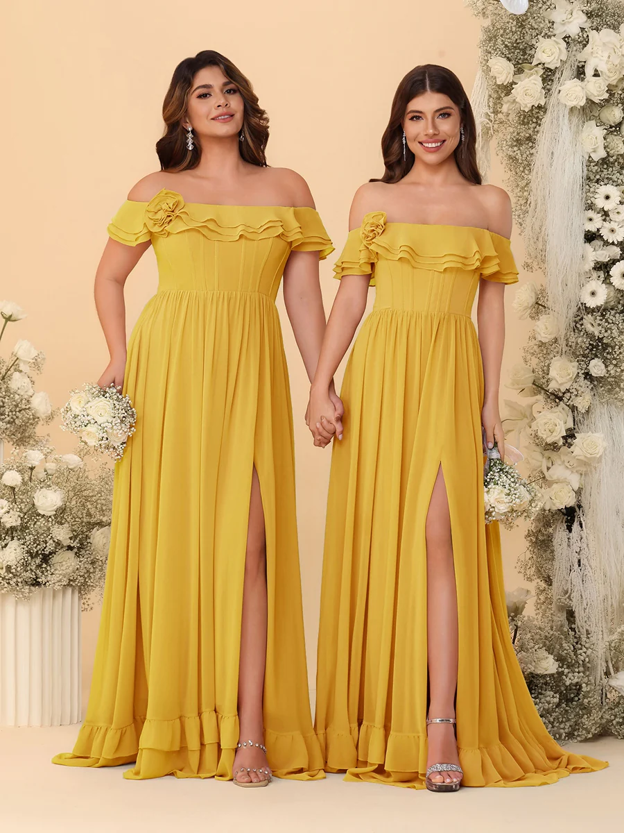 Chiffon A-Line/Princess Off-the-Shoulder Short Sleeves Ruched Bridesmaid Dresses - Image 44