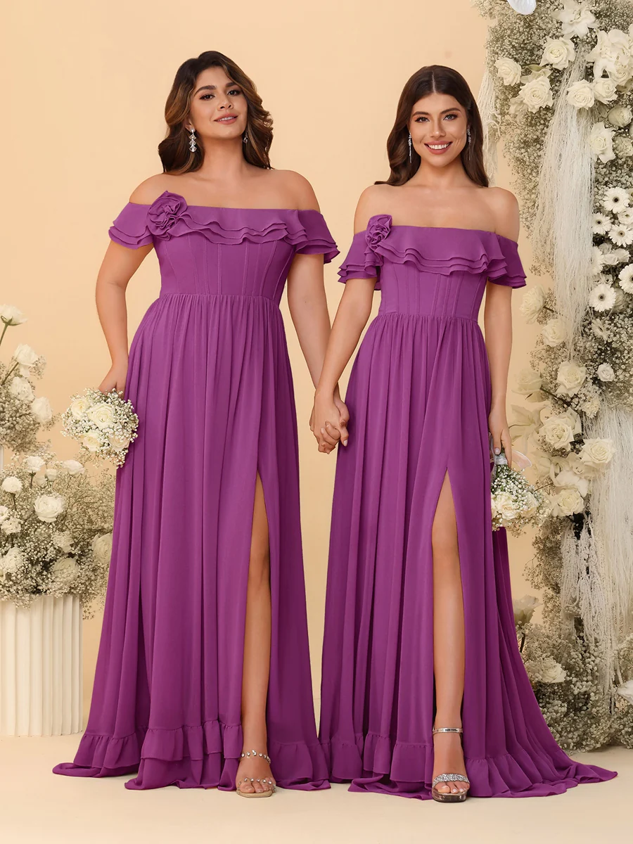 Chiffon A-Line/Princess Off-the-Shoulder Short Sleeves Ruched Bridesmaid Dresses - Image 50