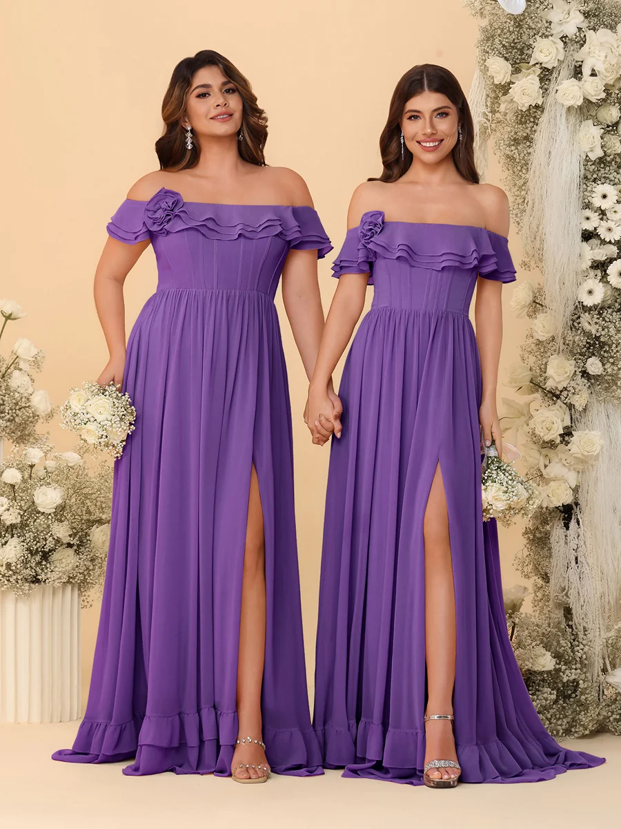 Chiffon A-Line/Princess Off-the-Shoulder Short Sleeves Ruched Bridesmaid Dresses - Image 56