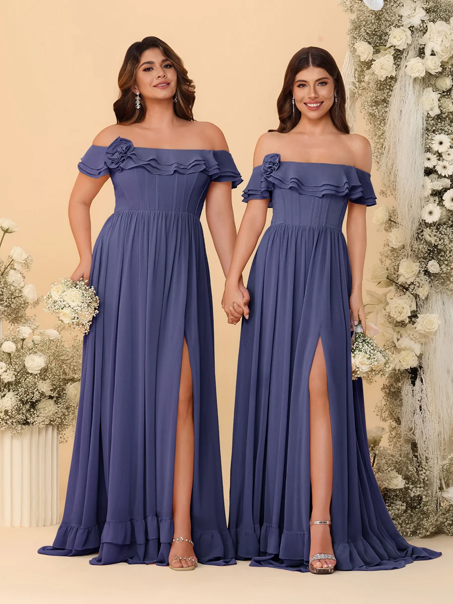 Chiffon A-Line/Princess Off-the-Shoulder Short Sleeves Ruched Bridesmaid Dresses - Image 67