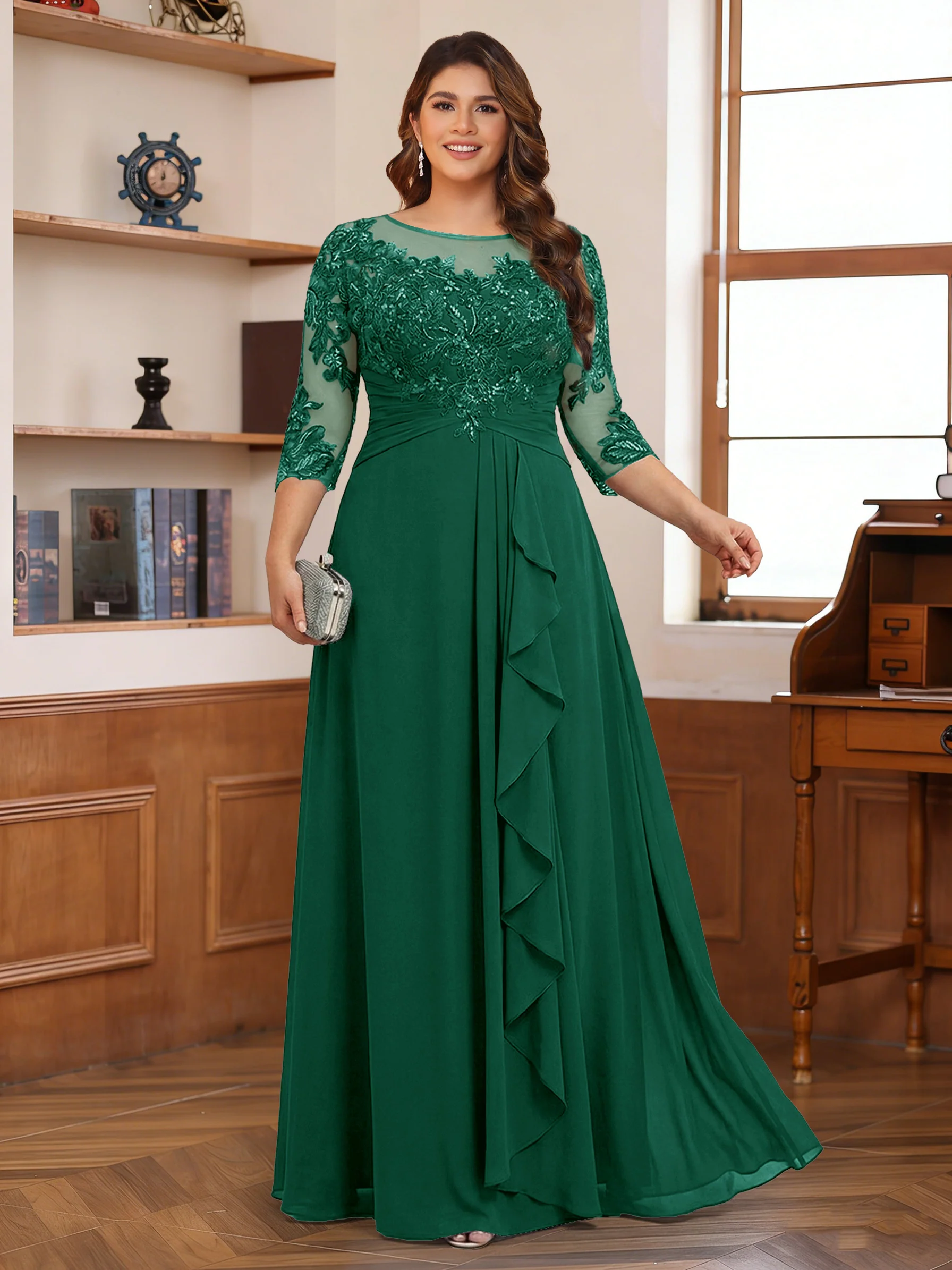Chiffon A-Line/Princess Scoop 3/4 Sleeves Plus Size Mother of the Bride Dresses with Appliques & Ruffles - Image 15