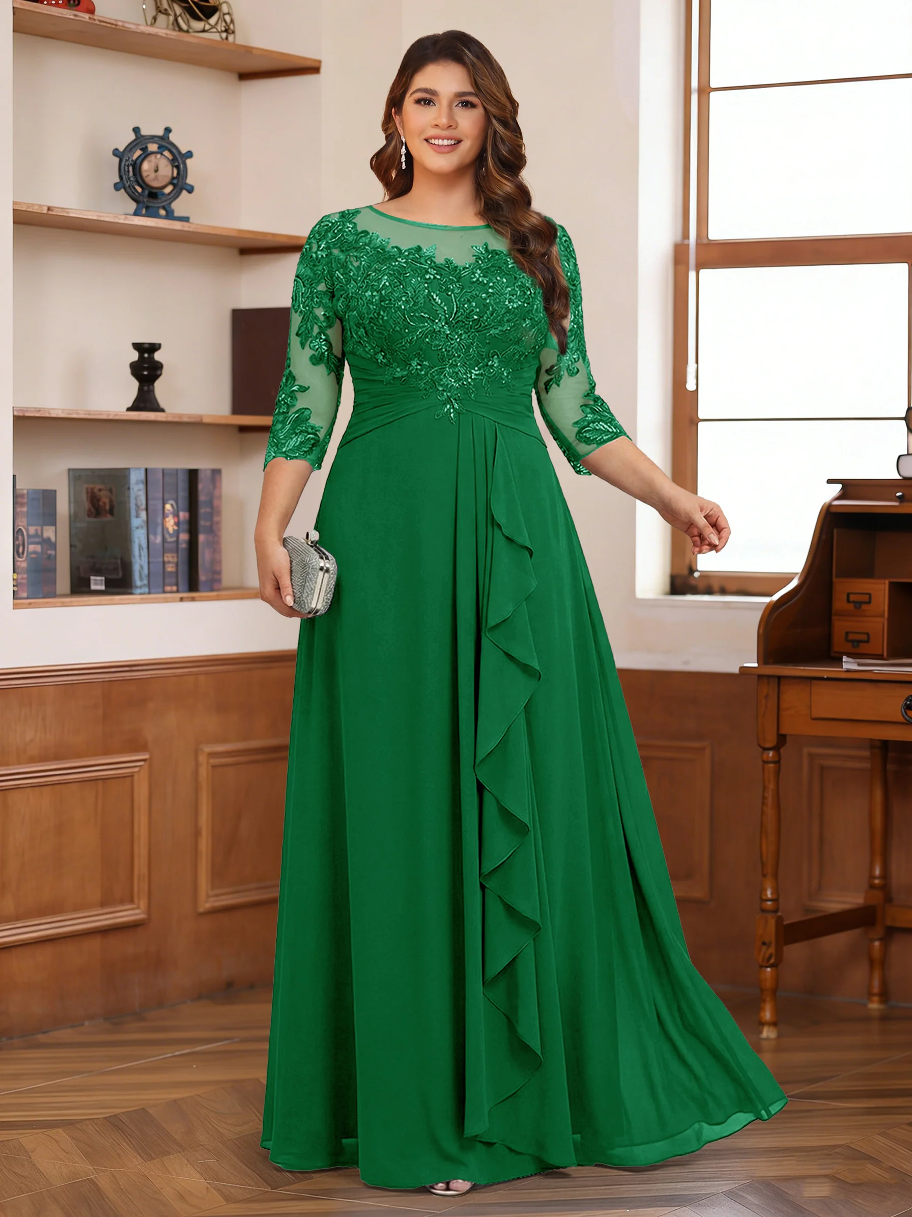 Chiffon A-Line/Princess Scoop 3/4 Sleeves Plus Size Mother of the Bride Dresses with Appliques & Ruffles - Image 29