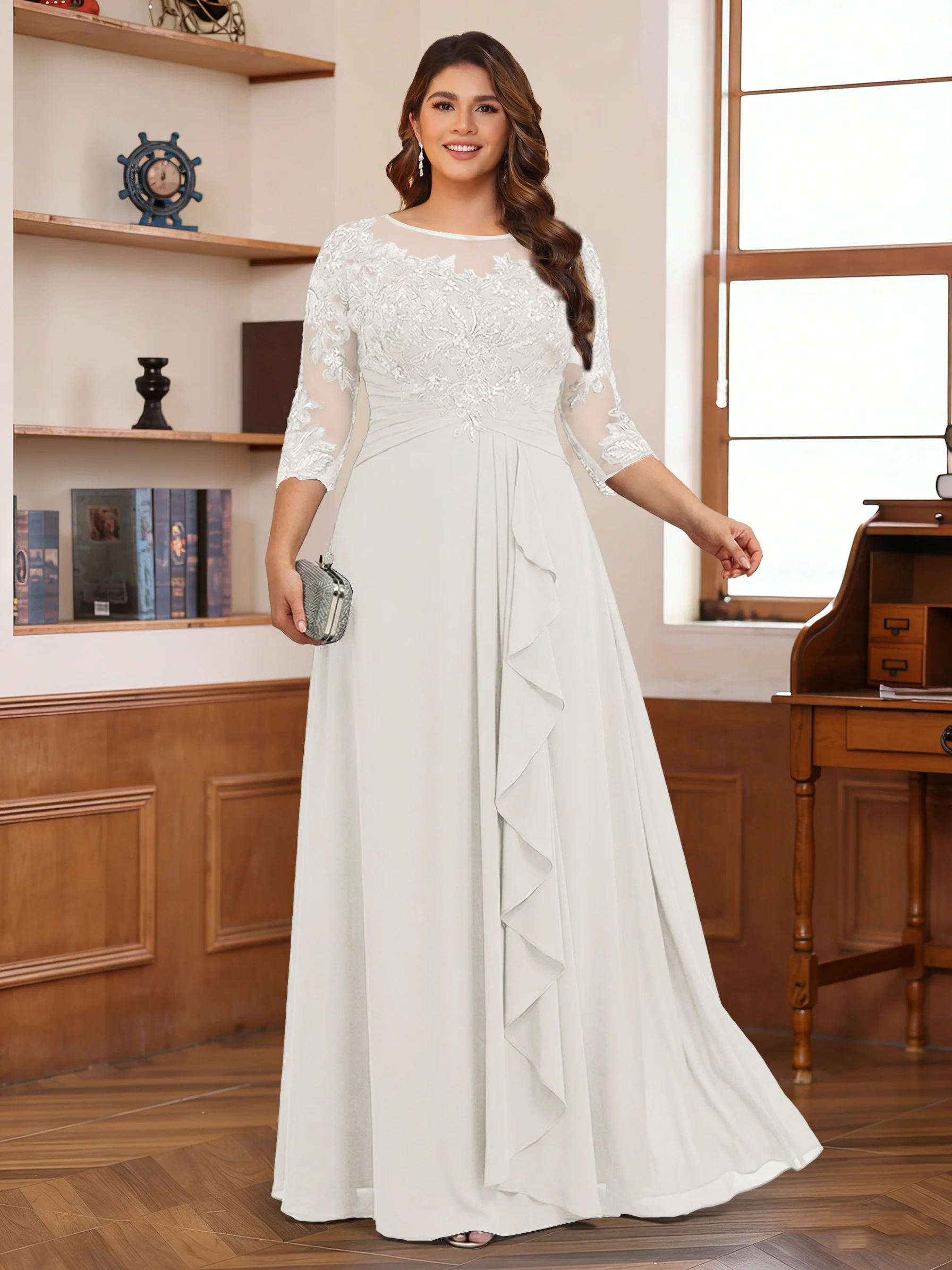 Chiffon A-Line/Princess Scoop 3/4 Sleeves Plus Size Mother of the Bride Dresses with Appliques & Ruffles - Image 3