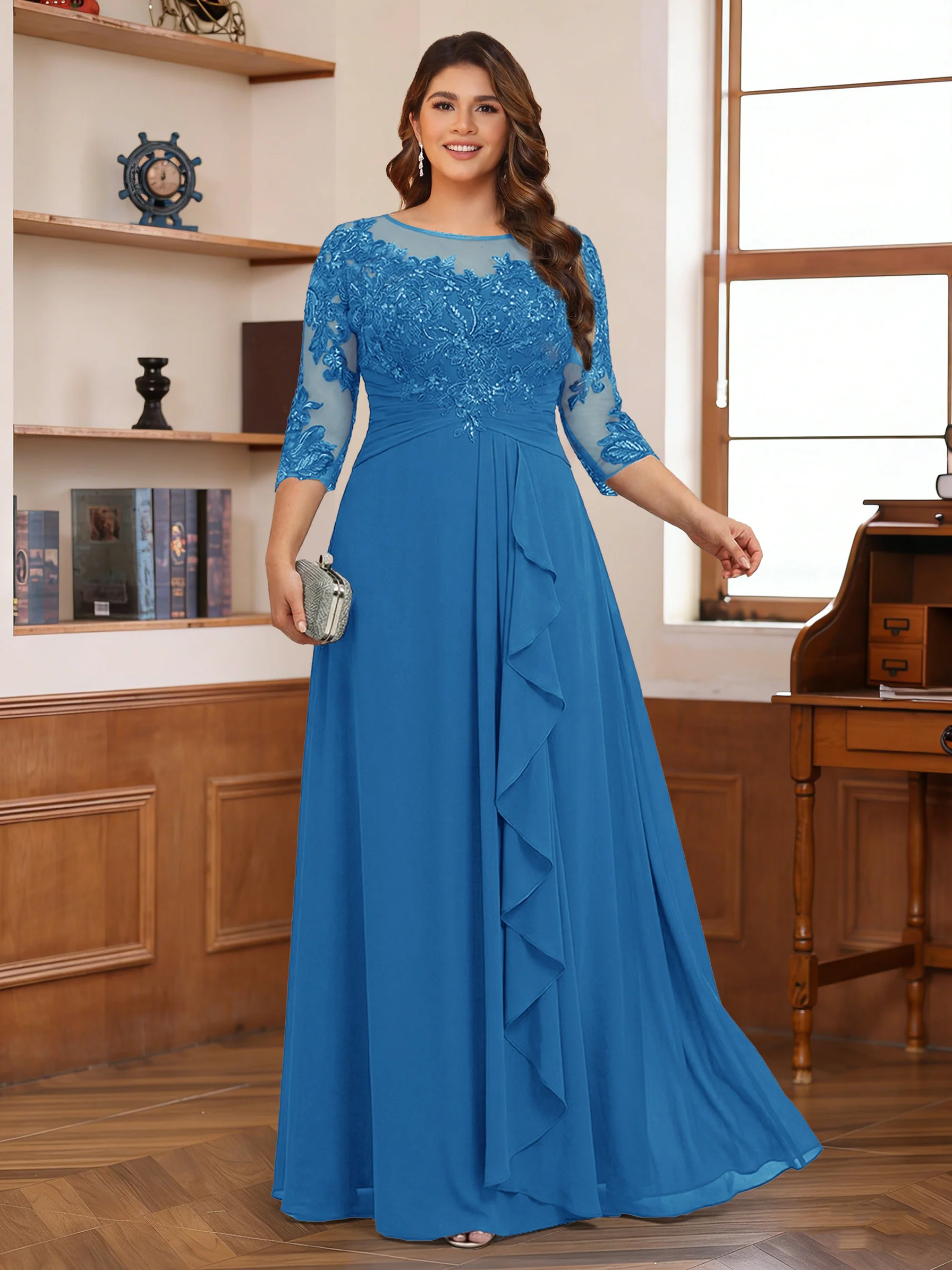 Chiffon A-Line/Princess Scoop 3/4 Sleeves Plus Size Mother of the Bride Dresses with Appliques & Ruffles - Image 46