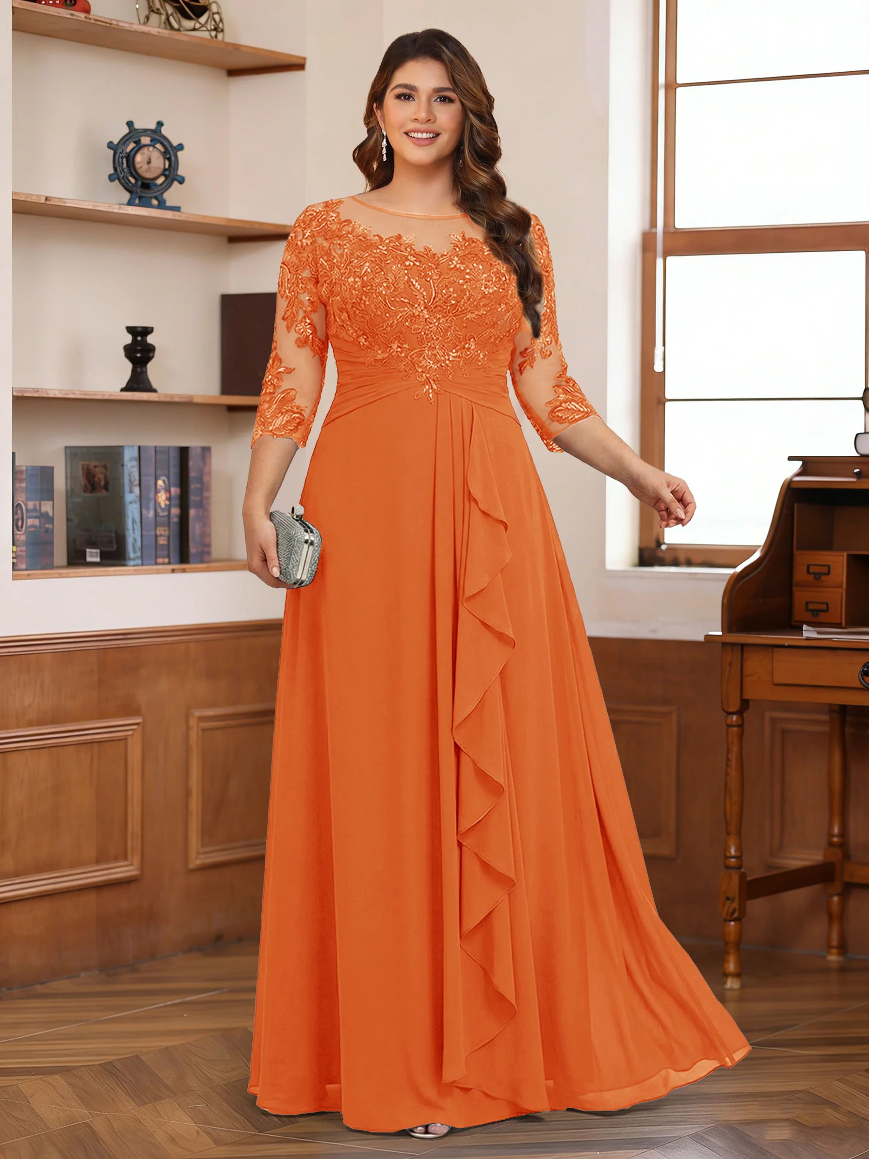 Chiffon A-Line/Princess Scoop 3/4 Sleeves Plus Size Mother of the Bride Dresses with Appliques & Ruffles - Image 48