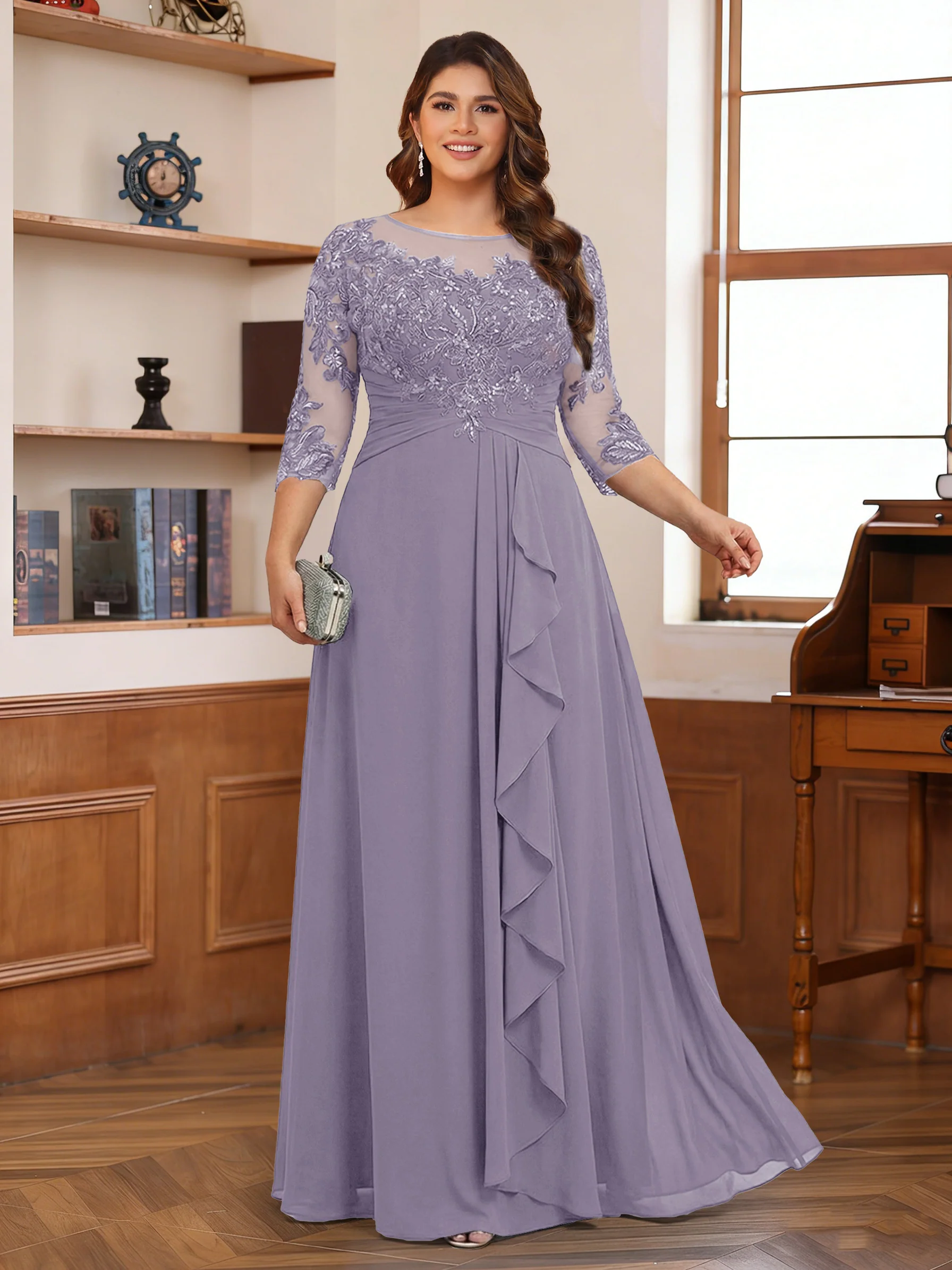 Chiffon A-Line/Princess Scoop 3/4 Sleeves Plus Size Mother of the Bride Dresses with Appliques & Ruffles - Image 71