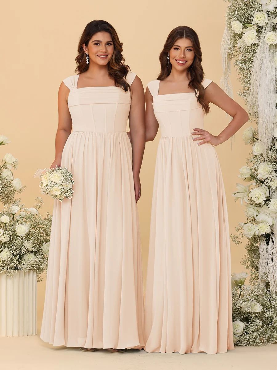 Chiffon A-Line/Princess Square Neck Sleeveless Bridesmaid Dresses with Pleats - Image 36