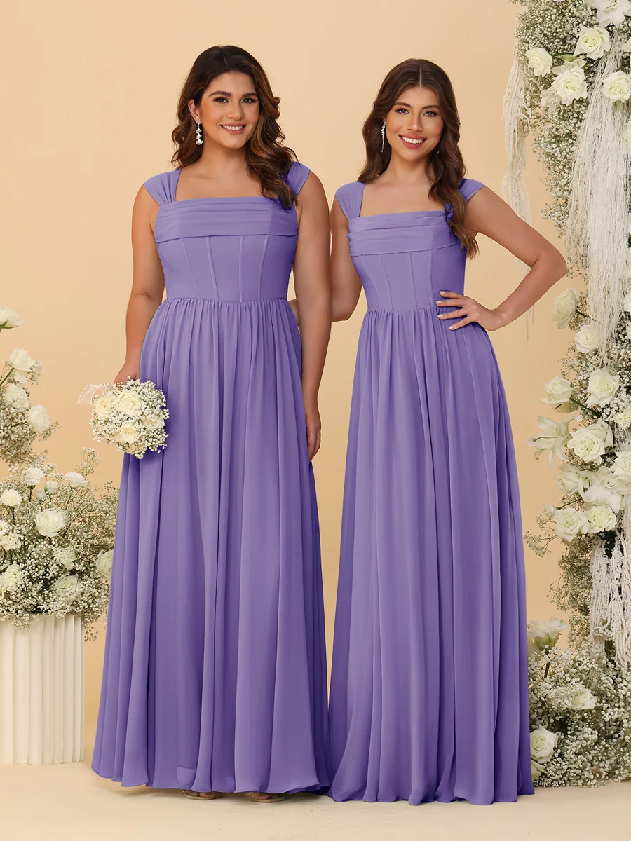 Chiffon A-Line/Princess Square Neck Sleeveless Bridesmaid Dresses with Pleats - Image 38