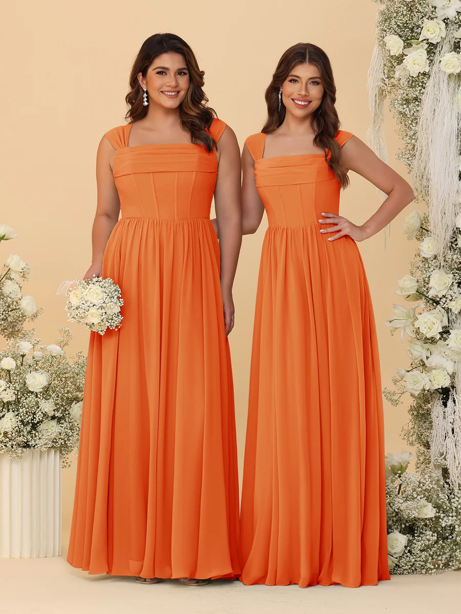 Chiffon A-Line/Princess Square Neck Sleeveless Bridesmaid Dresses with Pleats - Image 51