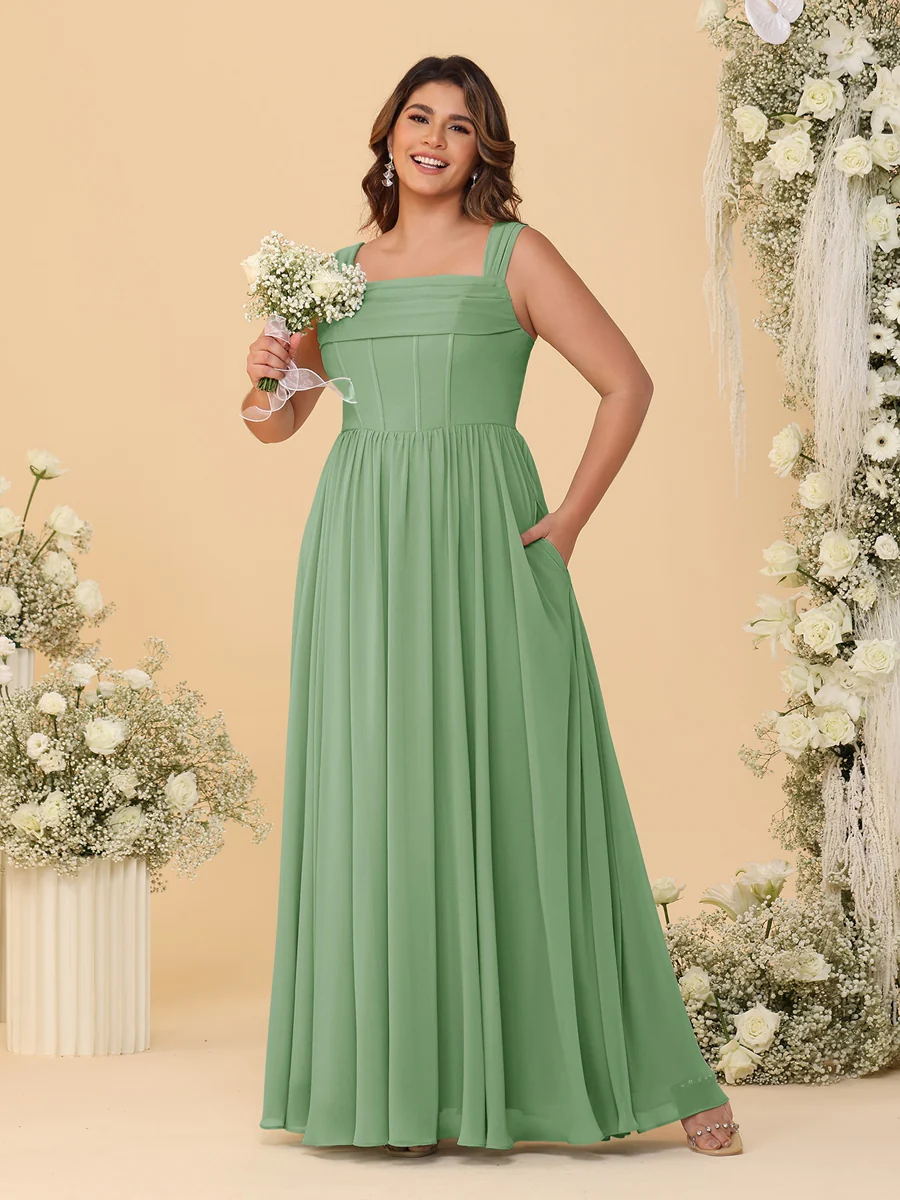Chiffon A-Line/Princess Square Neck Sleeveless Plus Size Bridesmaid Dresses with Pleats - Image 21