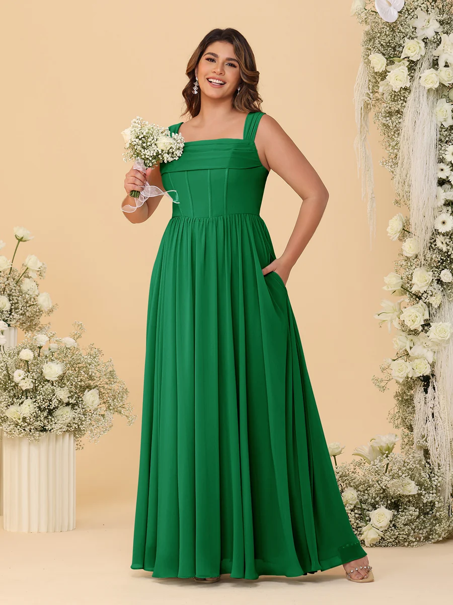Chiffon A-Line/Princess Square Neck Sleeveless Plus Size Bridesmaid Dresses with Pleats - Image 29