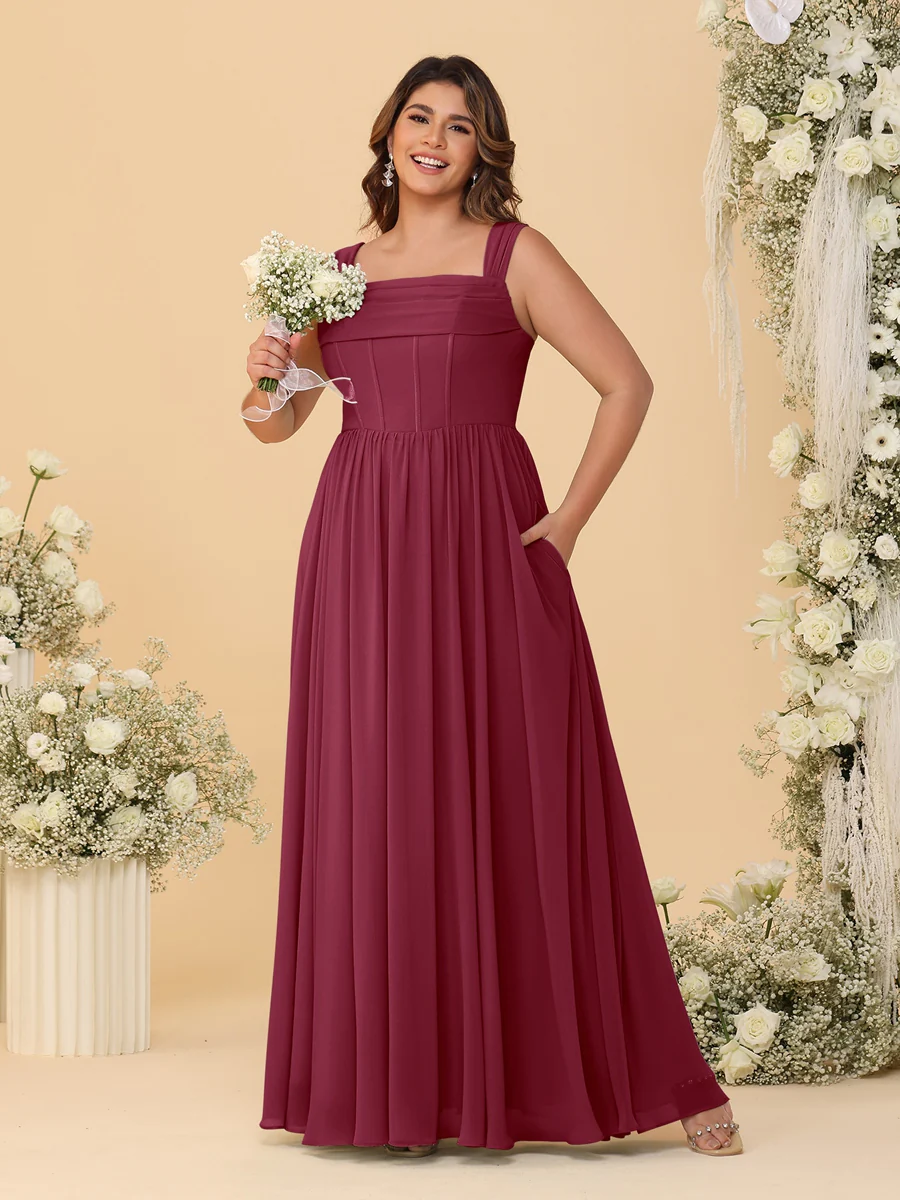Chiffon A-Line/Princess Square Neck Sleeveless Plus Size Bridesmaid Dresses with Pleats - Image 34