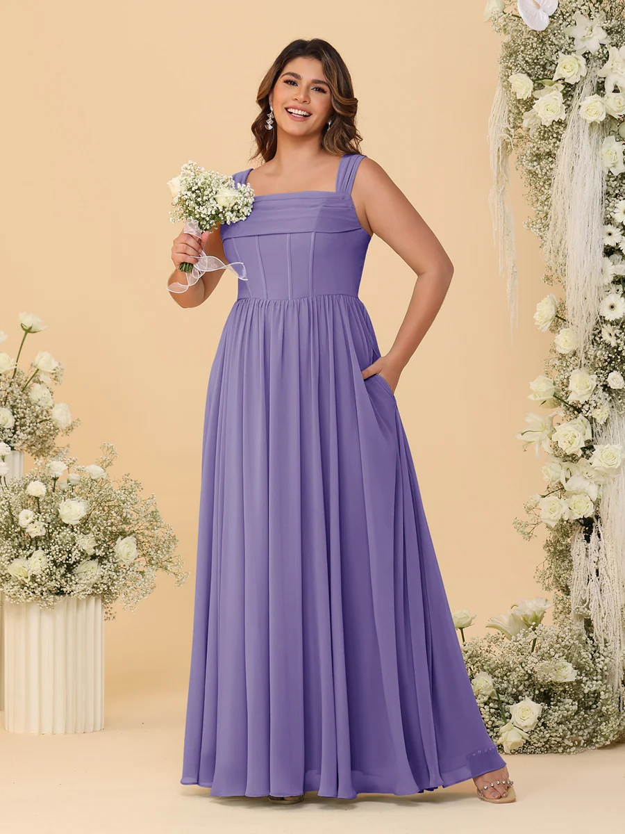 Chiffon A-Line/Princess Square Neck Sleeveless Plus Size Bridesmaid Dresses with Pleats - Image 37