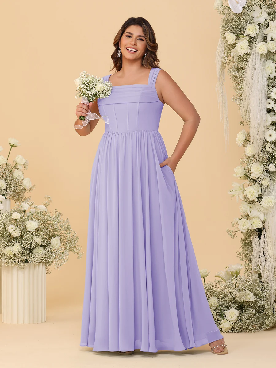 Chiffon A-Line/Princess Square Neck Sleeveless Plus Size Bridesmaid Dresses with Pleats - Image 40