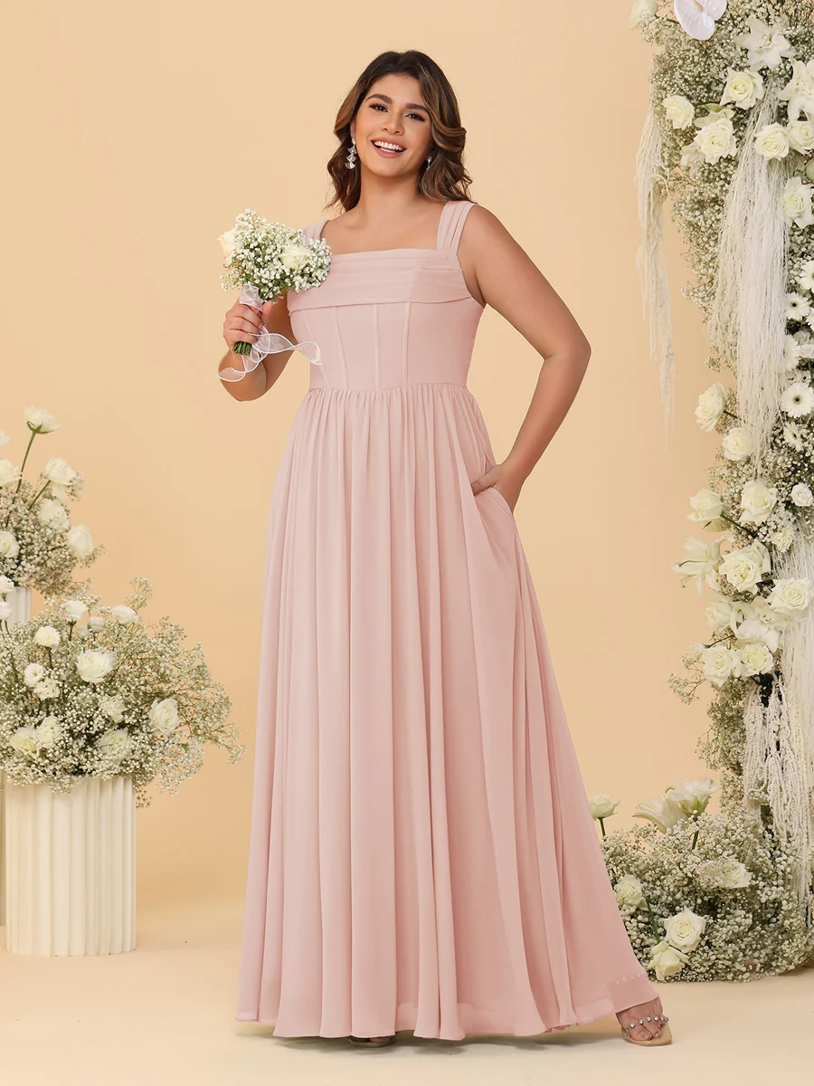 Chiffon A-Line/Princess Square Neck Sleeveless Plus Size Bridesmaid Dresses with Pleats - Image 8