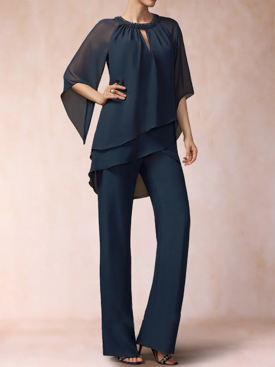 Chiffon Scoop 3/4 Sleeves 2 Pieces Pantsuits with Rhinestone & Hollow - Image 4