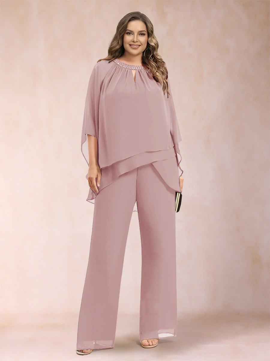 Chiffon Scoop 3/4 Sleeves 2 Pieces Plus Size Pantsuits with Rhinestone & Hollow - Image 17