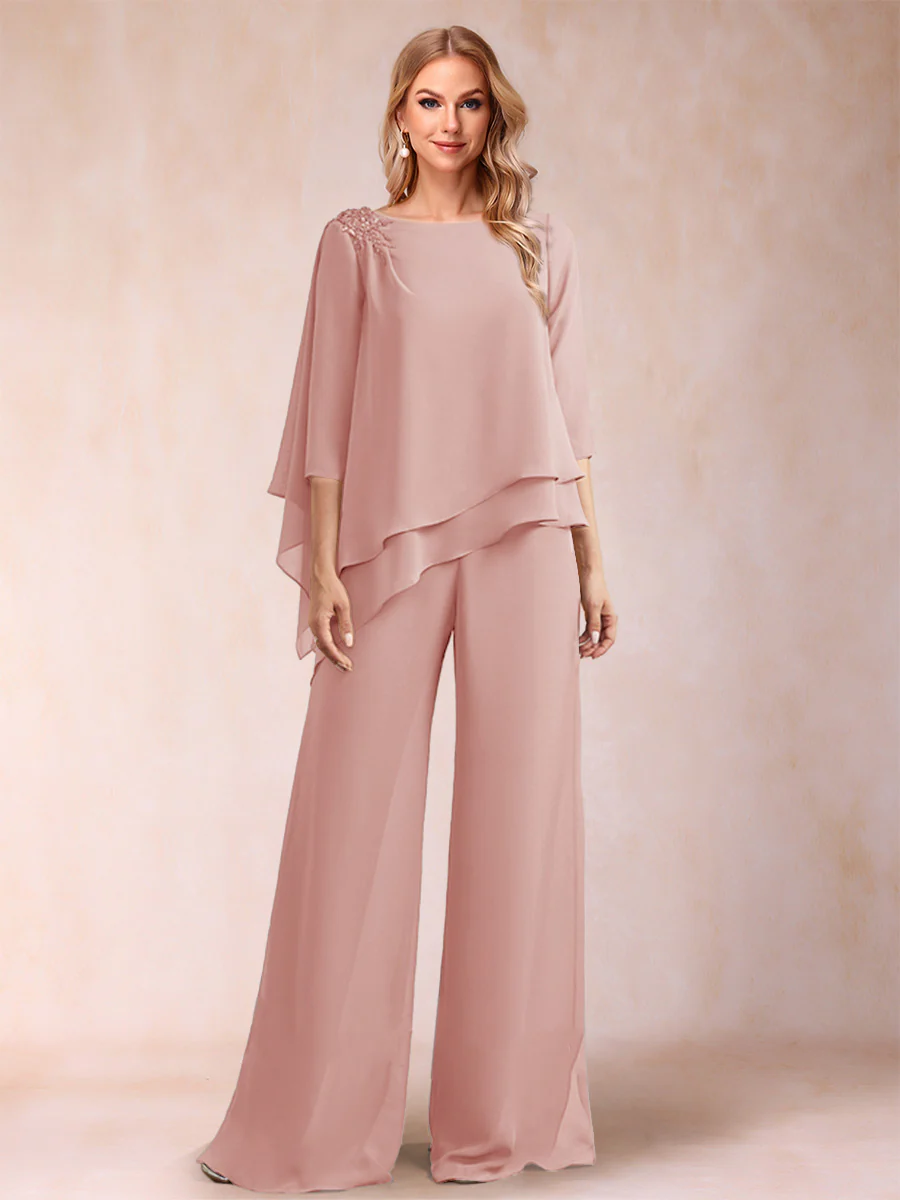Chiffon Scoop 3/4 Sleeves 2 Pieces Ruched Pantsuits with Rhinestone - Image 21