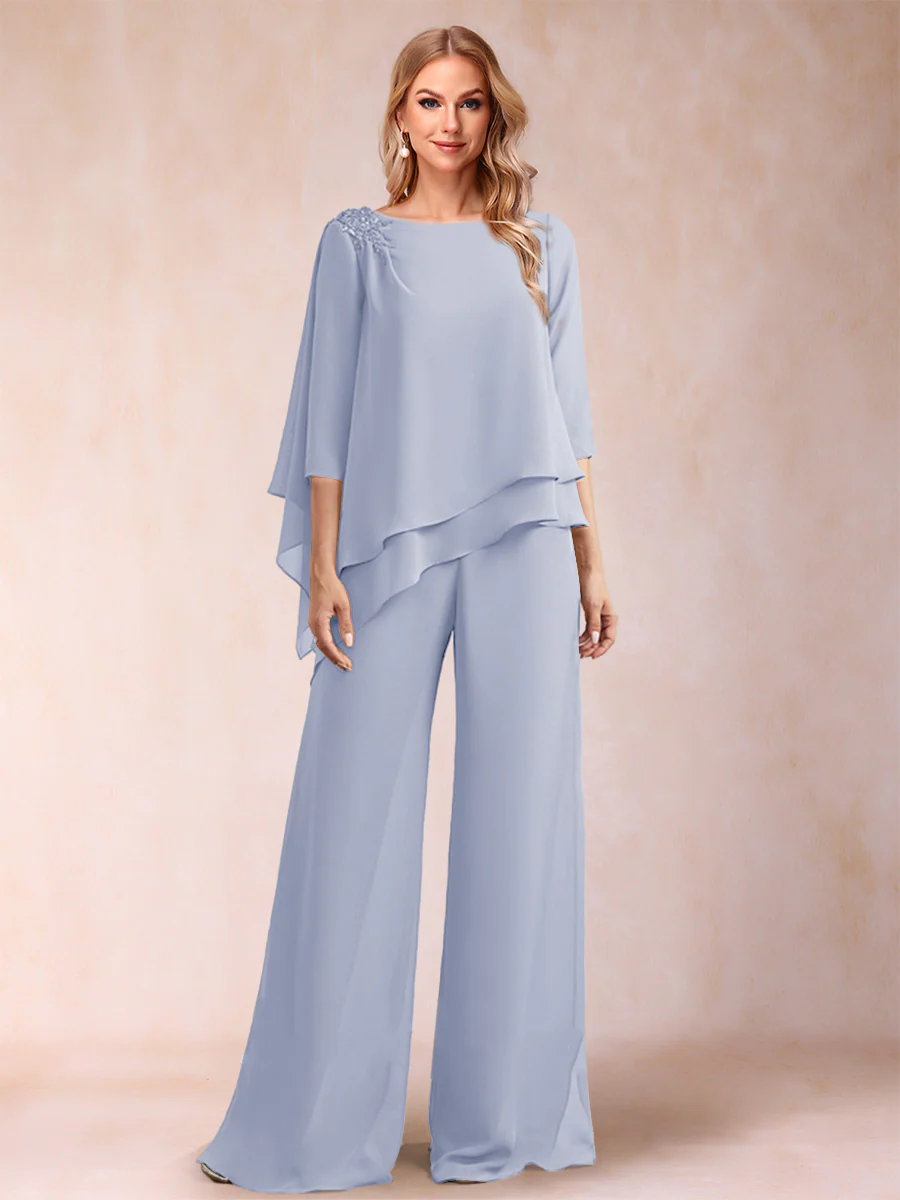 Chiffon Scoop 3/4 Sleeves 2 Pieces Ruched Pantsuits with Rhinestone - Image 33