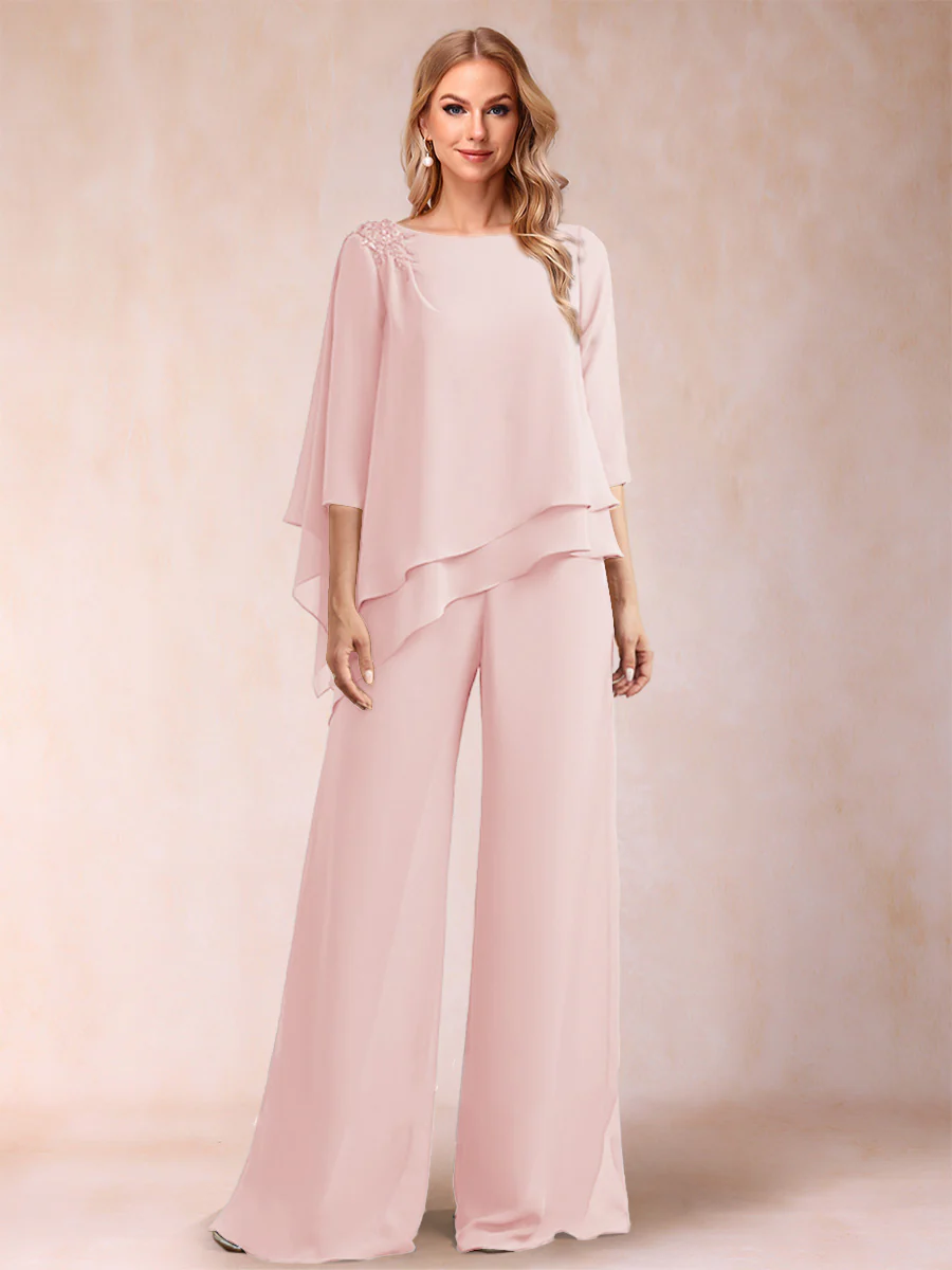 Chiffon Scoop 3/4 Sleeves 2 Pieces Ruched Pantsuits with Rhinestone - Image 37