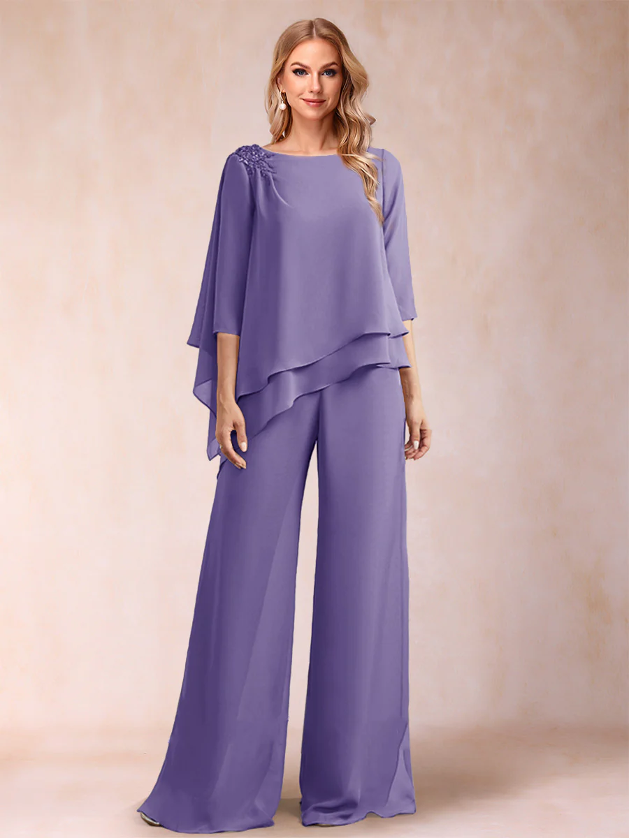 Chiffon Scoop 3/4 Sleeves 2 Pieces Ruched Pantsuits with Rhinestone - Image 38