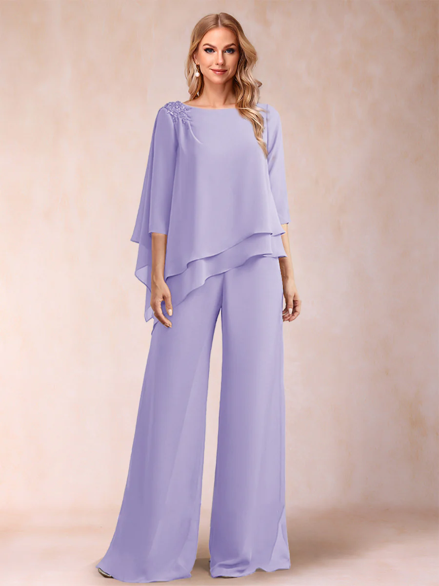 Chiffon Scoop 3/4 Sleeves 2 Pieces Ruched Pantsuits with Rhinestone - Image 41
