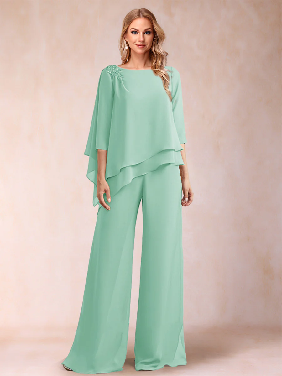 Chiffon Scoop 3/4 Sleeves 2 Pieces Ruched Pantsuits with Rhinestone - Image 43